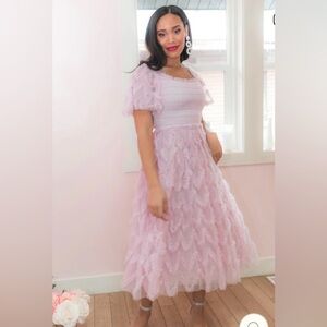 Ivy City Co Pink Ruffled Tulle Midi Dress